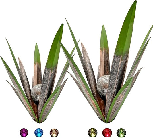 Metal Agave Plant Garden Art, 2 Pack Big Tequila Rustic Sculpture, Rustic Metal Agave Plants Garden Lawn Home Ornaments, for Yard Stakes, Garden Figurines, Outdoor Patio (2 PCS Green with Light)
