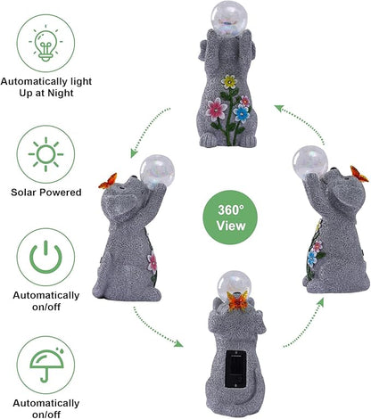 Solar Funny Dog Statue for Garden: Outdoor Sculptures with Ball Lights and Butterfly Clearance Lawn Ornaments Yard Porch Patio Balcony - Gifts for Mom Grandma