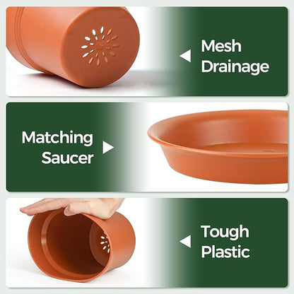 T4U 7.5 Inch Plant Pots 12-Pack - Small Plastic Planter with Drainage Hole and Saucer, Decorative Nursery Pot Bulk for African Violet, Succulent and All House Plants Indoor (Terracotta)