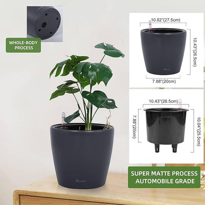 Dexceder 11x10 Inches Self Watering Planter Indoor Outdoor, Inner Pot Design, Thickened Table Flower Plant Pot with Water Level Indicator (Slate Gray Matte)