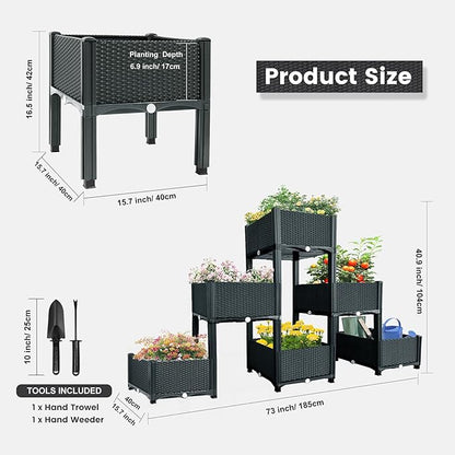 MAYOLIAH Garden Raised Bed Kit, 6 Elevated Planter Boxes with Drainage Holes, Taller Plastic Garden Bed for Vegetables Herbs Flowers Fruits Planting in Front Porch Yard Patio Balcony, Grey