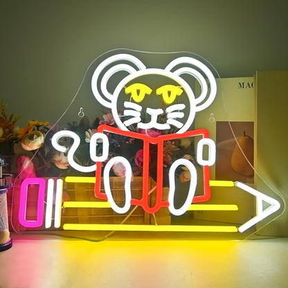 Pencil Mouse Neon Sign Mouse Book Reading Neon Lights for Wall Decor Dimmable Colorful Light Up Sign for Classroom Bookstore Library Bedroom Bookish Museum Teen Gifts (USB Powered 5V/2A)