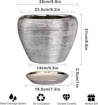 Flower Pot for Indoor Plants - Ceramic Planter 10 Inch Plant Pot with Drainage Hole and Saucer Large Decorative Planter Outdoor Mid-Century Planter for House Silver