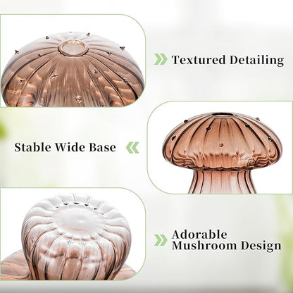 Glasseam Mushroom Plant Propagation Stations: Amber Glass Terrarium Jar Set of 5 Cute Planters for Indoor Plants Mini Propagate Station Unique Christmas Birthday Gifts for Women Home Office Decor