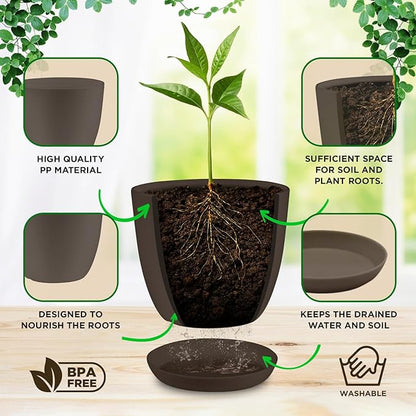 Planter Pots with Drainage Holes - Lightweight, Durable & Space-Saving Pots for Indoor and Outdoor - Versatile Functionality, Simple Modern Design, Set of 20 Plastic Planter Pots - Brown
