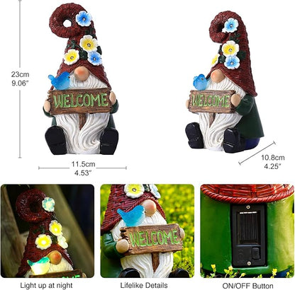 Goodeco Sitting Gnome with Welcome Sign - Garden Gnomes Outdoor with Solar Bird & LED Lights, Ideal Gifts for Mom or Women, Housewarming Gnome Decorations