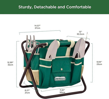 Gardening Tool Set, Stainless Steel 7-Piece Gardening Tools with Heavy-Duty Folding Stool and Detachable Canvas Tote Bag, Green and White, Ideal Gardening Gifts for Women and Men