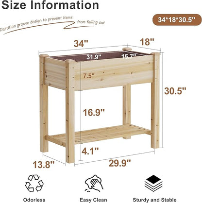 FILWH Raised Garden Bed with Legs Elevated Wooden Planter Box Stand Large Planter Stand Box for Fruits Vegetables Flowers with Divider with Bag - 34x18x30.5IN