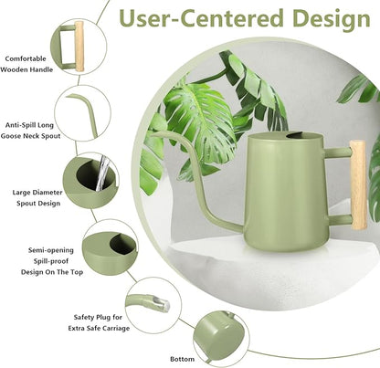 Watering Can Indoor Plants, 35oz Small Watering Can Indoor Stainless Steel Metal Watering Can Modern Decorative Watering Pot with Long Spout for Indoor House Plant Bonsai Garden Flowers (Sage Green)