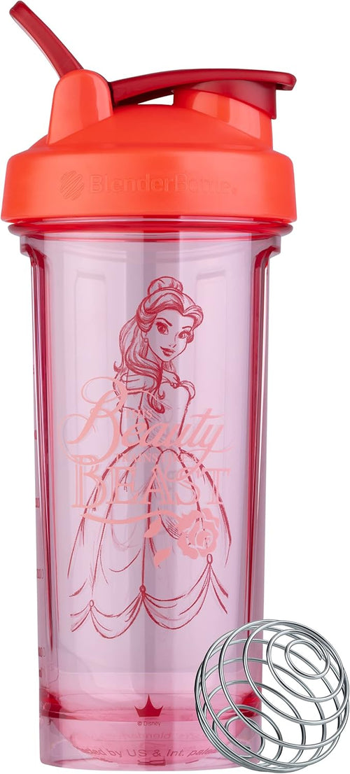 BlenderBottle Disney Princess Shaker Bottle Pro Series, Perfect for Protein Shakes and Pre Workout, 28-Ounce, Belle,Red