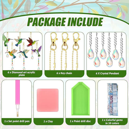 Tradder 6 Pcs Diamond Art Kits 5d Rhinestone Painting Wind Chimes Art Sun Catchers Double Sided Hummingbird Birds Art Kits with Crystal Pendant for Adults Home Window Decor Garden
