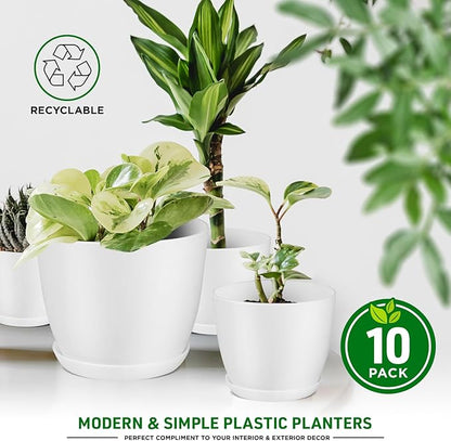 Eco Friendly Plant Pot Set - 10-Pack Home Decor Flower Indoor and Outdoor Plastic Pots with Drainage Holes, Assorted Sizes (7", 6.6", 6", 5.3", 4.8") - Stackable Garden Versatile Planters