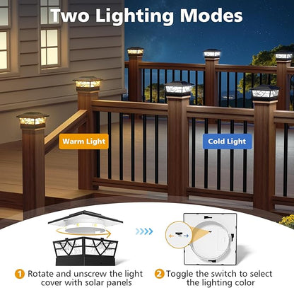 NIORSUN Solar Post Lights Outdoor 4 Pack, 2 Modes LED, Deck Fence Post Solar Lights for 3.5x3.5 4x4 5x5 5.5x5.5 Caps Patio Garden Decoration, Black
