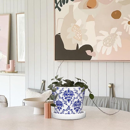 Blue and White Ceramic Pots for Plants, 4.8" + 5.5" Decorative Plant Pots Round Ceramic Planters for Indoor Plants Pots with Drainage Hole Saucers, Retro Planter Pot for Succulents Cactus Flower Pots