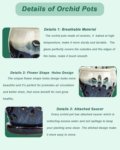 vensovo 4 Inch Ceramic Orchid Pots with Holes and Saucers - 2 Pcs Small Succulent Pot for Repotting, Garden Flowerpots for Plants Indoor and Outdoor Promotes Air Circulation (Blue, Brown Mixed)
