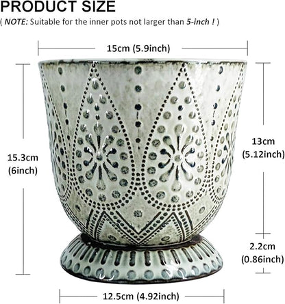 Gepege 6 Inch Beaded Ceramic Planter Set of 2 with Drainage Hole and Saucer for Plants, Indoor-Outdoor Large Round Succulent Orchid Flower Pot (Smoked Gray, Inner-pots not Larger Than 5 Inch)