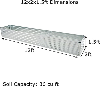 12x2x1.5ft Galvanized Raised Garden Bed,Outdoor Planter Box Metal Patio Kit Planting Bed for Vegetables Flowers Herb,Silver