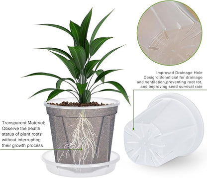 32 Pcs Plastic Pots for Plants with Trays 4/5/6/7 inch Clear Nursery Pots with Drainage Holes and Saucers, Planter Pots for Indoor Outdoor Seedlings Starter Plants,100 pcs Plant Labels,16-Set