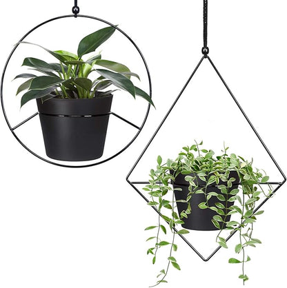 Mkono Boho Hanging Planter, Set of 2 Metal Plant Hanger with Plastic Pots, Modern Mid Century Flower Pot Plant Holder in Diamond and Circle Shape, Fits 6 Inch Planter (Pots Included), Black