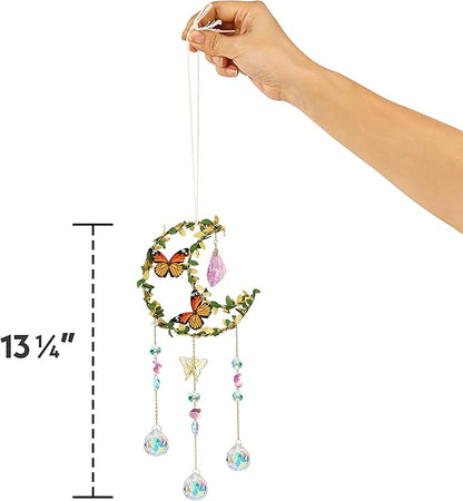Crystal Suncatcher for Windows - Moon Shaped with Enchanting Butterfly Design - Sun Catchers Indoor Window - Hanging Crystal Wind Chimes, Rainbow Maker Gifts, Prism Suncatcher, Window Decor