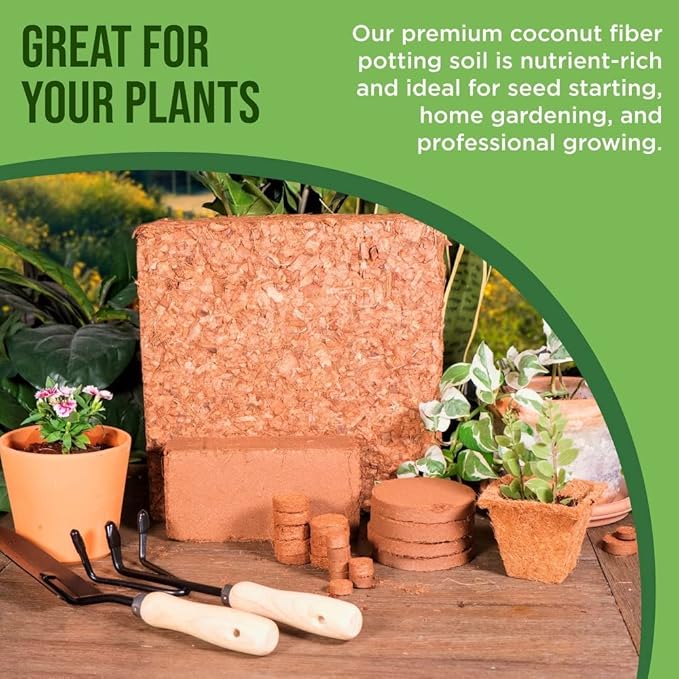 Coco Coir Chips Envelor 2.4 Cubic Feet Compressed Coconut Coir Bricks 10 lb. Natural Substrate for Indoor Outdoor Coco Chips for Plants Orchid Bark Coco Coir Brick Plant Soil Indoor Potting Mix