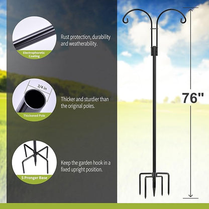 XDW-GIFTS Double Shepherds Hooks for Outdoor, 2-Pack Heavy Duty Garden Pole for Hanging Bird Feeder, Plant Baskets, Solar Light Lanterns, Garden Plant Hanger Stands with 5 Base Prongs