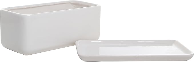 MyGift 14 Inch Modern Unglazed White Ceramic Indoor Plant Pot with Drainage Hole, Rectangular Succulent Planter Window Box with Removable Saucer, White (10 inch - 2 Pack)