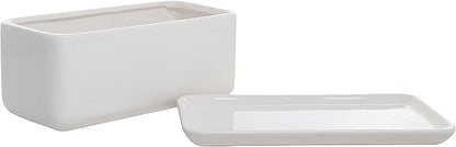 MyGift 14 Inch Modern Unglazed White Ceramic Indoor Plant Pot with Drainage Hole, Rectangular Succulent Planter Window Box with Removable Saucer, White (10 inch - 2 Pack)