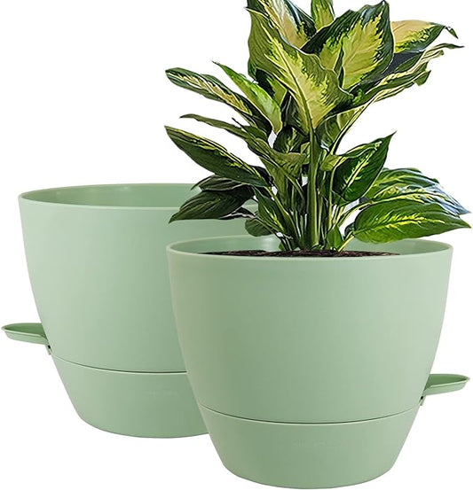 WOUSIWER 10 inch Self Watering Planters, 2 Pack Large Plastic Plant Pots with Deep Reservior and High Drainage Holes for Indoor Outdoor Plants and Flowers, Green