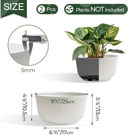 T4U 10 Inch Self Watering Pots for Indoor Plants, Plastic Plant Pots with Drainage Hole, Large Flower Pots for Indoor Outdoor Plants Cactus, Garden, Set of 2, White