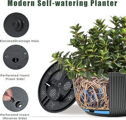 T4U 10 Inch Self Watering Planters, Plant Pots for Indoor and Outdoor Use, Home Decor Flower Pots, Plastic Planters with Drainage Hole & Plug for Plants, Flowers, Cactus, Garden, Set of 2, Gray