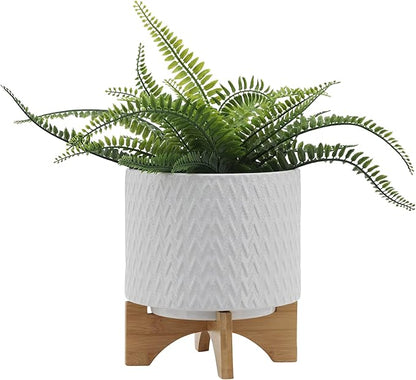 8" Ceramic Planter on Wooden Bamboo Stand - Contemporary White Chevron Design for Indoor or Outdoor Plants, Succulents, Cactus