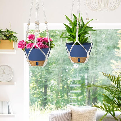 ZMTECH 2 Pack 8 Inch Blue Hanging Planters with Macrame Plant Hanger for Indoor and Outdoor Plants, Self Watering, Drainage Hole, Visible Level Tray