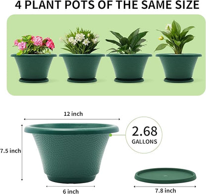 Quarut 12 Inch Plant Pot,4 Pack Large pots for Plants,Flower Pots with Drainage Hole & Saucer,Modern Planters for Indoor Outdoor Plants,Decorative Resin Garden Pots,Green