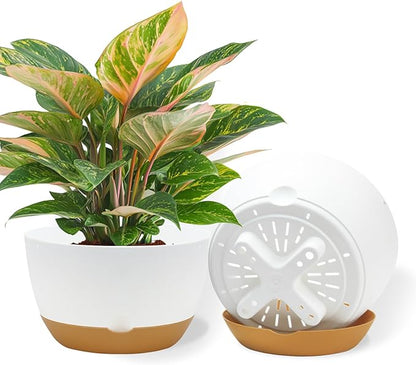 10 Inch Pots for Indoor Plants, Large Self Watering Planters with Drainage and Saucers, Plastic Outdoor Flower Pot, Set of 2, White