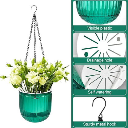 4Pcs Self Watering Hanging Planters, 6.5'' 4.5'' Hanging Flower Pots, Plastic Hanging Plant Basket with Drainage Holes, Visible Hanging Planters for Indoor Plants Garden Home(Emerald)