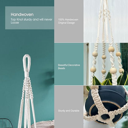RIFNY Macrame Plant Hanger for 5 to 10 Inch Plant Pots, 35 Inch Indoor Handmade Woven Rope Hanger Kits with Hooks and Wood Beads, Hanging Planter Basket Holder for Boho Home Decor (White, 3 Pack)