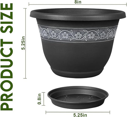 8 Inch Plant Pots with Drainage Hole - Lightweight Flower Pots for Herbs and Flowers - Home Decor Plastic Planters for Indoor Outdoor Plants- Pack of 6 (Black, 8 inch)
