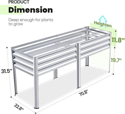 KING BIRD Raised Garden Bed with Legs Galvanized Large Elevated Planter Box for Backyard, Patio, Balcony, 600lb Capacity, Silver 70.9x22.8x31.5 in