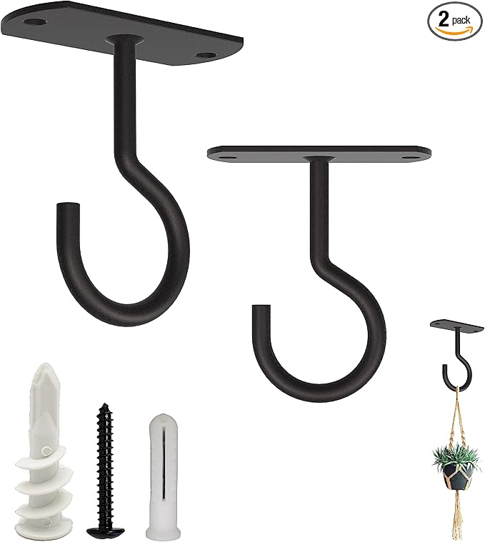 NACETURE Ceiling Hooks for Hanging Plants 2 Pack - Square Wall Mount Plant Hanger Indoor Hanging Hooks Metal Plant Bracket Iron Lanterns Hangers for Wind Chimes, Planters (2.5" Black 2 Pack)