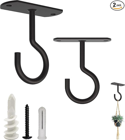 NACETURE Ceiling Hooks for Hanging Plants 2 Pack - Square Wall Mount Plant Hanger Indoor Hanging Hooks Metal Plant Bracket Iron Lanterns Hangers for Wind Chimes, Planters (2.5" Black 2 Pack)