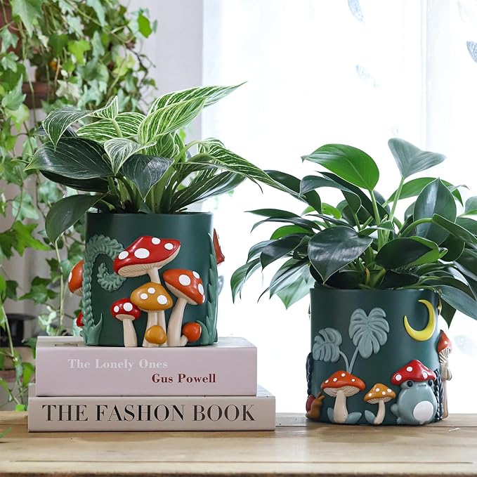 GUGUGO Frog Garden Planters, Cute Unique Plant Pot with Drainage, Rainbow Colorful Small Mushroom Flower Planters Pots for Indoor Plants, Funny Succulent Gardening Pot Gifts Home Décor (C, 5Inch)