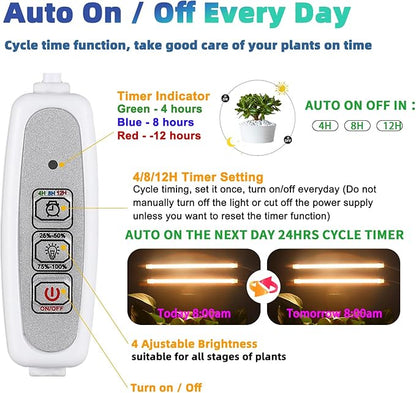 Two Heads Strip Growing Lamp, Full Spectrum Grow Light Strips for Indoor Plants with Auto ON/Off Timer & 4 Dimmable Levels, Led Grow Light for Green House Hydroponics Succulent