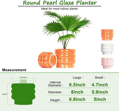 7.8 Inch + 5.7 inch 2 pcs Ceramic Plant Pots for Indoor Plants, Rainbow Pearl Glaze Planter with Planters for Plants with Drainage Hole, Orchid Pots, Succulent Pot, Flower Pot (Orange)