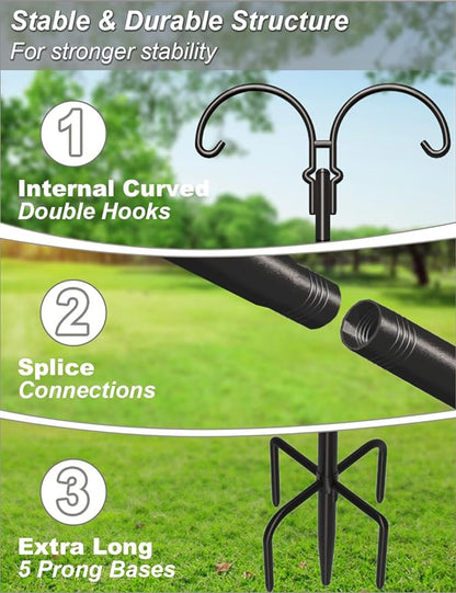 Outdoor Double Shepherds Hook with 5 Prong Base, 76 Inch Adjustable Heavy Duty Two Sided Bird Feeder Pole Stand for Hanging Plant Baskets, Solar Light Lanterns, Hummingbird Feeder, 1 Pack