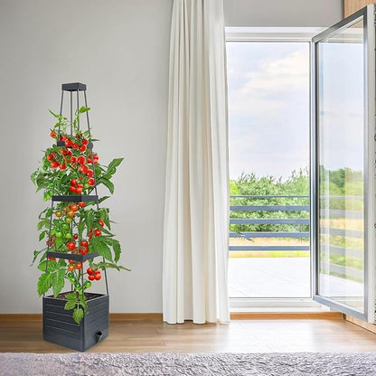 Raised Garden Bed Planter Box with Trellis, 58” Tomato Cage Planter Raised Garden Bed with Trellis for Climbing Vegetables Plants Tomato Cage w/Self-Watering, Indoor Outdoor Use (4)