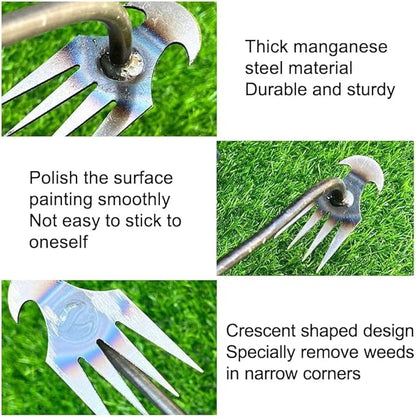 Weed Removal Tool, 2025 New Garden Weeding Tools Manganese Steel Hand Weeder Tool with Handle, 4 Teethes Dual Purpose Manual Weeders Tool Weed Pulling Tool for Garden (Wooden Handle)