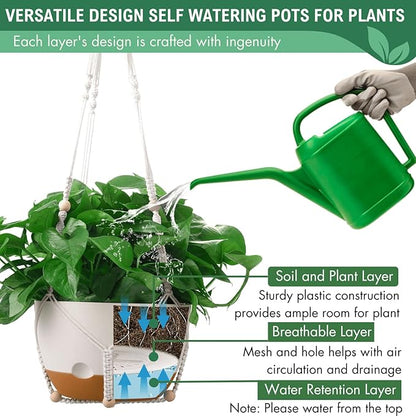 10 Inch Hanging Planters for Indoor Plants,Set of 2 Hanging Pots for Plants with Self-Watering, Outdoor Hanging Plant Pot with Drainage and 2 Kinds of Hanging Baskets Hangers for Home Decor and Garden