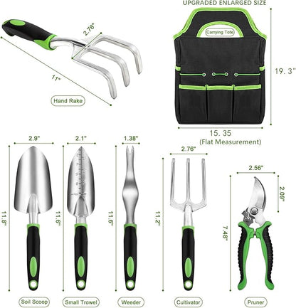 Garden Tool Set with Non Slip Rubber Grip,8 Piece Stainless Steel Gardening Tool Sets,Heavy Duty Outdoor Hand Tools Durable Storage Tote Bag,Uprooting Weeding Tool, Gifts for Women Men Green