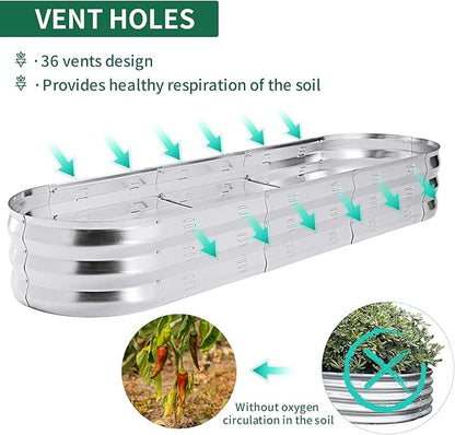 POTEY Galvanized Raised Garden Bed 2Pcs, Metal Planter Boxes Outdoor for Vegetables Flowers Herb, Oval Large Planter Raised Beds Kit with Weed Barrier Fabric and Soil Ventilation Holes (5.7L*1.7W FT)